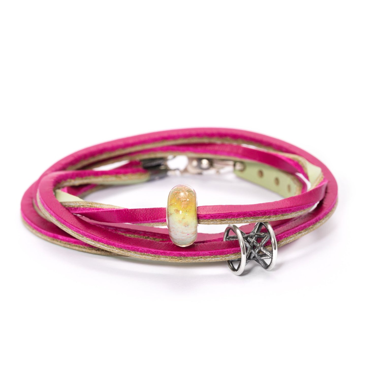 Fuchsia / Grijs-Groene Leren Armband